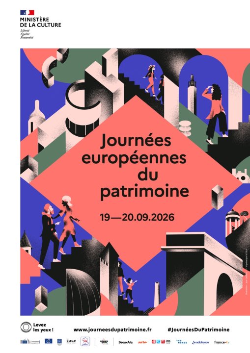 Graphisme en rose / vert / bleu, avec le titre au centre dans un losange et tout autour, des personnes qui parcourent des escaliers dans des bâtiments, des arcades.