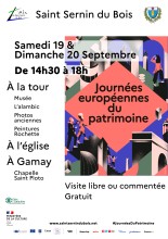 Graphisme en rose / vert / bleu, avec le titre au centre dans un losange et tout autour, des personnes qui parcourent des escaliers dans des bâtiments, des arcades. Sont ajoutées les infos sur ce qu'on peut voir à Saint Sernin du Bois avec les horaires.