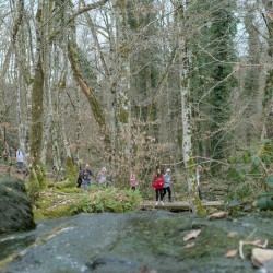 Au premier plan (flou) de l&#039;eau qui coule vers une cascade, au 2e plan des gens en contrebas qui marchent sur un chemin &amp;amp; ponton.