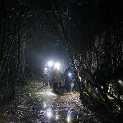 Des marcheurs de nuit avec lampes frontales évitent une grosse flaque d'eau sur leur chemin.