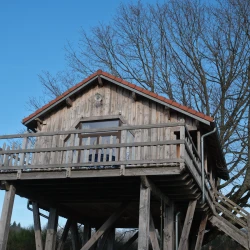 Maison en bois en hauteur sur des poteaux vue en contre plongée