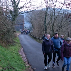 Marcheurs sur une route en montée, des arbres de chaque côté, une maison au loin