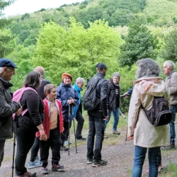 Un groupe de marcheurs en pause sur un chemin, dans un environnement verdoyant. On voit le bout d'une maison à droite.