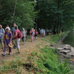 À gauche, des marcheurs en file indienne sur un chemin bordé d'arbres le long d'un étang sur la droite.