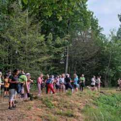À gauche, des marcheurs en pause sur une zone enherbée devant des arbres. À droite, un bord d'étang.