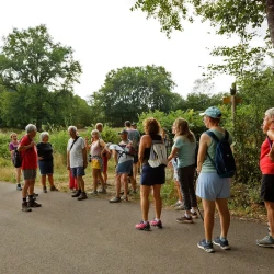 Des marcheuses en pause sur une petite route, près d'un chemin. Quelques arbres en arrière plan